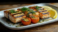 Grilled salmon fillets garnished with fresh dill and roasted cherry tomatoes on white ceramic plate, served with lemon wedges. Dark wood table setting creates rustic appeal.