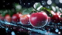 Fresh red apple with water drops and sparkles on dark background with magical bokeh lights and green leaves, artistic food photography.