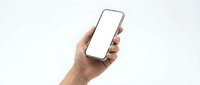 Hand holding smartphone with blank white screen mockup for app presentation and mobile interface design on clean background.