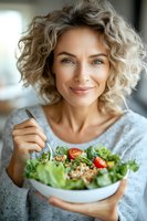 Smiling Caucasian woman with curly blonde hair enjoying fresh green salad with quinoa and tomatoes. Healthy eating and wellness lifestyle concept for food blogs.
