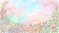 Soft pastel watercolor floral border with roses and leaves on a dreamy rainbow background, perfect for cards, invitations, and social media.