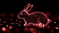 Glowing red rabbit silhouette created from light particles against dark background with bokeh effect, magical holiday decoration concept.