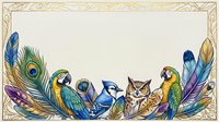 Decorative border frame with colorful birds and feathers on beige background for greeting cards, invitations and artistic designs.