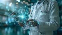 Doctor holding futuristic holographic medical technology interface with digital network connections and data visualization in modern healthcare setting.