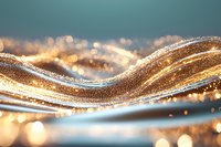 Abstract golden wave with glitter and bokeh effect on turquoise background. Luxury flowing curves create elegant festive design with sparkling light elements.
