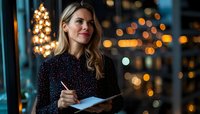 Blonde woman taking notes at night with festive city lights and bokeh effect in background, creating atmospheric holiday ambiance.