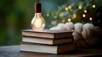 Glowing vintage light bulb on stack of books with cozy bokeh lights and warm knitted blanket in background, creating atmospheric reading mood.