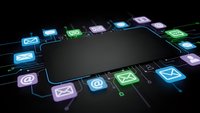 Modern smartphone with glowing social media and communication app icons floating around device on dark background for digital marketing concepts.