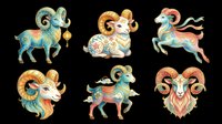 Aries zodiac sign ram character collection with decorative horns, floral patterns, and ornamental details in gold, teal, and coral tones. Isolated on transparent background, ready for astrology designs, t-shirts, stickers, and print-on-demand products.