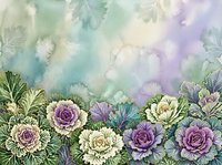 Watercolor floral border featuring purple, pink, and cream roses with green foliage against soft pastel wash background. Suitable for invitations, greeting cards, and design projects.