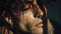 Young African American man with artistic face paint and nose piercing in dramatic lighting for creative portrait photography and fashion concepts.