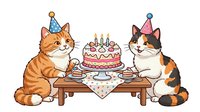 Cute cats celebrating birthday party with cake and party hats, isolated on white background. Perfect for greeting cards, invitations, children's designs, and festive celebrations.