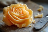 Delicate peach-colored rose carved from fresh butter on rustic wooden surface with knife, showcasing culinary artistry and food decoration technique.