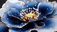 Luminous navy blue flower with golden edges and white stamens on dark background, glowing petals with magical sparkles create enchanting botanical art piece.