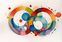 Vibrant watercolor infinity symbol with splashes of blue, orange, red and green paint on white paper, artistic fluid abstract design with colorful circular elements.