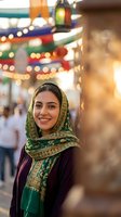 Young Middle Eastern woman in green embroidered hijab smiling at festive outdoor market with colorful lights and lanterns during Ramadan celebration.