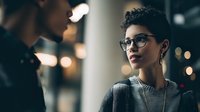 Young African American woman with glasses and short curly hair in conversation, wearing gray sweater against blurred bokeh background.