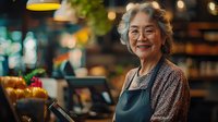 Senior Asian woman with gray hair and glasses wearing apron smiling warmly while working at cafe counter with POS terminal, restaurant interior with soft bokeh lights in background.