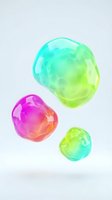 Colorful translucent spheres with gradient neon colors floating on white background. Isolated glossy orbs in cyan, magenta, and lime green for design projects and digital artwork.