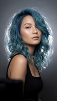 Young Asian woman with vibrant blue-green wavy hair in black tank top against gray background for beauty and fashion concepts.