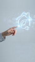 Hand touching a glowing smart home icon with leaf and plug symbols, representing green energy and eco-friendly technology concepts.