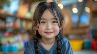 Young Asian girl with braided hair and bright smile wearing blue sweater against blurred colorful background in educational setting. Natural lighting creates warm atmosphere.