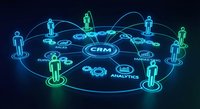Customer relationship management network with connected business people icons showing CRM analytics and marketing automation on dark background.