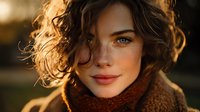 Young woman with curly brown hair and freckles wearing cozy knit scarf in warm golden hour sunlight for autumn fashion and lifestyle content.