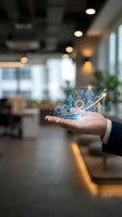 Businessman hand displaying holographic business growth icons with upward arrow chart in modern office environment for corporate success presentations.