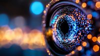 Futuristic camera lens with glowing blue and orange bokeh lights creating digital eye effect, representing artificial intelligence and modern technology surveillance.