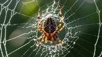 Garden spider sitting in center of intricate web covered with morning dew drops against soft green natural background for nature and wildlife concepts.