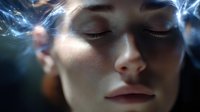 Serene female face with closed eyes surrounded by ethereal blue smoke and light effects creating mystical atmospheric mood. Artistic portrait showing tranquility and peace.