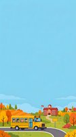 Yellow school bus driving on road through autumn countryside landscape with red brick schoolhouse, fall foliage, and children visible in windows. Suitable for educational materials, back-to-school campaigns, and children's content.