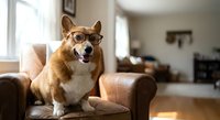 Smart corgi dog wearing glasses sitting on leather sofa in modern living room interior with natural sunlight streaming through windows.