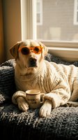 Stylish dog wearing knit sweater and sunglasses relaxing with coffee mug by window for cozy weekend lifestyle and pet fashion concepts.
