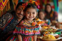Young girl in colorful traditional Latin American dress and floral crown smiles during festive celebration with traditional food and decorations in background.