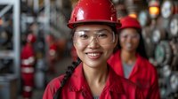 Asian female industrial worker wearing red hard hat and safety glasses smiles confidently in manufacturing facility with control panels and gauges in background.
