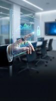 Businessman touching holographic interface displaying risk assessment and compliance tracking data in modern office environment for business analytics.