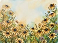 Watercolor wildflower meadow with yellow daisies and green foliage on textured paper background for botanical art and nature design projects.
