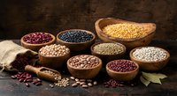 Assorted legumes and grains in wooden bowls on rustic table with burlap sack, healthy protein sources for cooking and nutrition concepts.