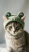 Adorable tabby cat wearing green knitted frog hat with googly eyes, cute pet costume for Halloween or dress-up play, funny animal portrait.