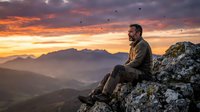 Contemplative middle-aged Caucasian man sitting on rocky mountain peak during golden hour sunset with dramatic sky and flying birds in distance.