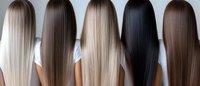 Different shades of straight long hair from blonde to black shown from behind on five women wearing white tops, demonstrating professional hair coloring results.