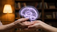 Glowing holographic brain floating above cupped hands in warm library setting, symbolizing mental health care, neuroscience, and cognitive wellness.