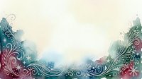 Ornamental swirls and flourishes frame watercolor gradient background in teal, pink, and cream tones, ideal for invitations and decorative designs.