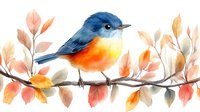Small blue and orange songbird perched on branch with soft watercolor autumn leaves in peach and golden tones, artistic nature illustration for wall decor.