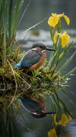 Kingfisher with orange breast and blue wings perched on moss-covered bank beside yellow iris flowers, reflected in calm water. Wildlife and nature photography.