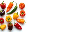 Fresh colorful bell peppers and chili peppers variety isolated on white background for healthy cooking and culinary design projects.
