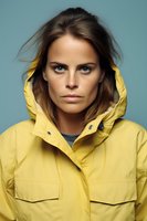 Young Caucasian woman with intense gaze wearing bright yellow raincoat hood against teal background, natural makeup and windswept hair create dramatic fashion portrait.