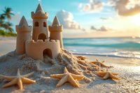 Sandcastle on tropical beach with starfish at sunset, waves and palm trees in background, golden hour beach scene for summer vacation concept.